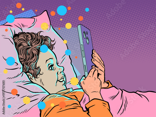 Pop Art Retro A child staring at a phone in bed. Parenting and the dangers of technology. Children's emotions about mobile phones at night.