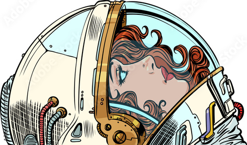 Pop Art Retro Woman astronaut looking up. Study of the universe and space. Cosmonautics Day.