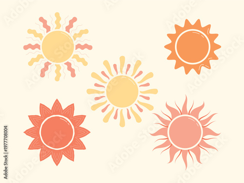 Minimal sun set in soft pastel colors. Simple abstract sun shapes without faces. Clean and modern design perfect for summer theme, backgrounds, patterns, prints and graphic design projects.