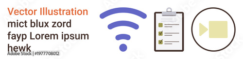 Digital communication, wireless technology, task organization, remote work, media tools, connectivity. A wireless signal, clipboard with tasks and video icon. Wireless communication and task