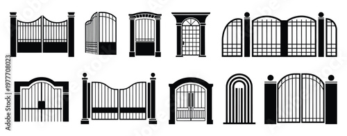 Open, gate icon set featuring entrance and access symbols, doorway and entry concept, modern flat vector illustration