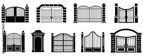 Open, gate vector icon collection with open entrance and doorway symbols, representing access, entry, and passage, clean modern flat design