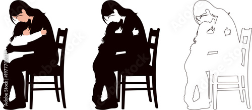 Comparison of color silhouette and line art mother hugging child on chair.