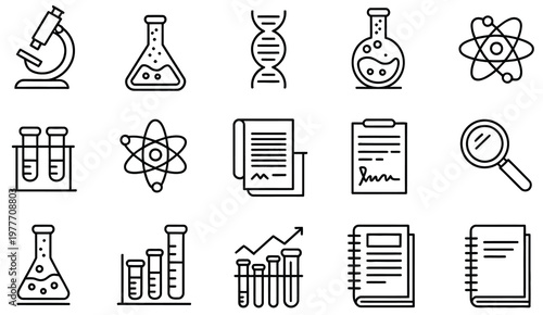 Research, science outline icon set featuring editable stroke style symbols, laboratory, experiment, microscope, test tube, and analysis concept, modern vector