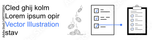 Task prioritization, financial planning, workflow management, organization, business strategy, productivity. Falling coins, checklist linked clipboard. Task prioritization and financial planning