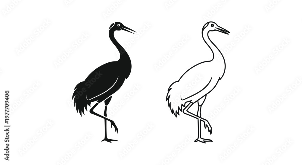 Fototapeta premium Crane, bird silhouettes, black and white vector icons, animal illustrations, wildlife graphics