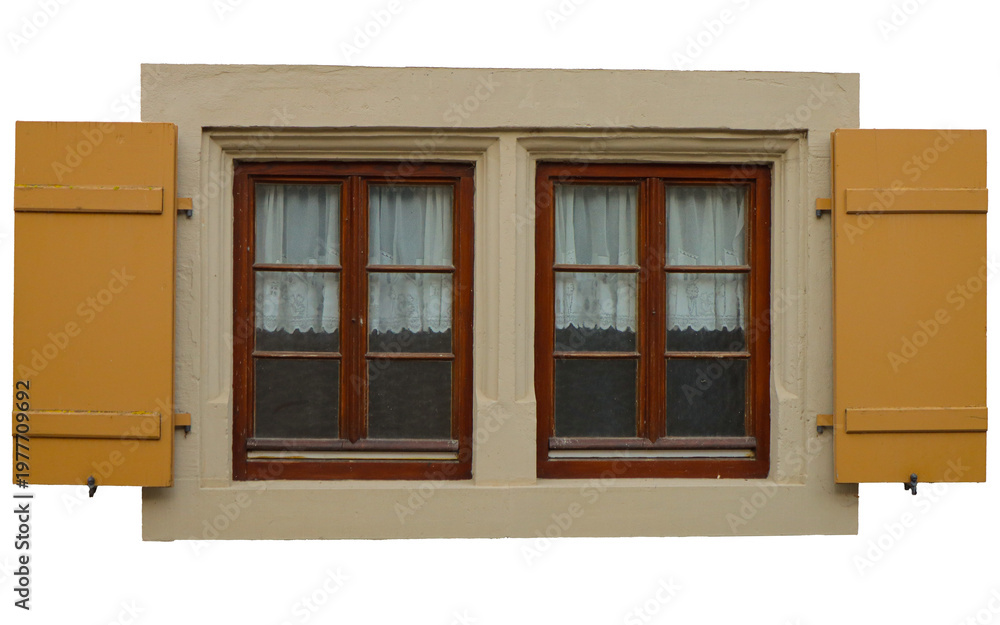 Obraz premium Traditional double window with wooden frame and shutters isolated on transparent background