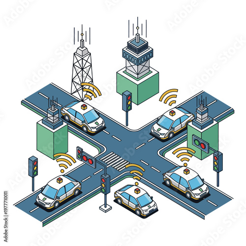 Connected Autonomous Vehicles at Intersection with Communication Towers.