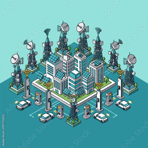 Isometric Smart City with 5G Towers and Electric Vehicle Charging Stations.