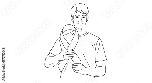 Line drawing of a young man tying a necktie instructional illustration