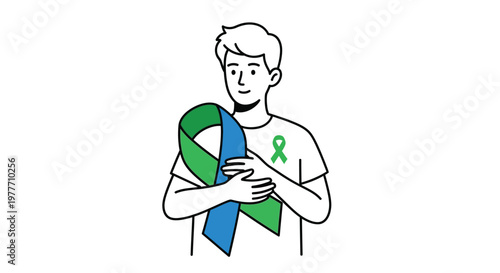 Man embracing a ribbon symbolizing support and awareness for a cause