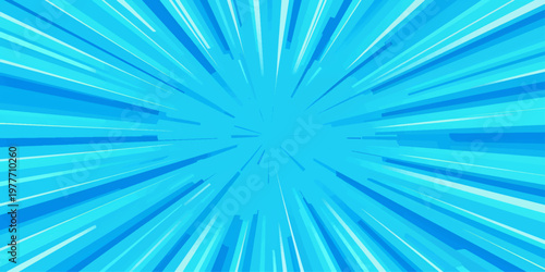 Bright blue abstract background with glowing sunburst rays and light pattern in the sky creating a vibrant summer style illustration