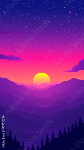 Vibrant Sunset Over Majestic Purple Mountains