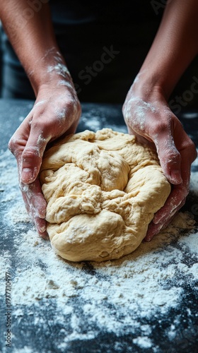 Hands Kneading Dough on a Floured Surface