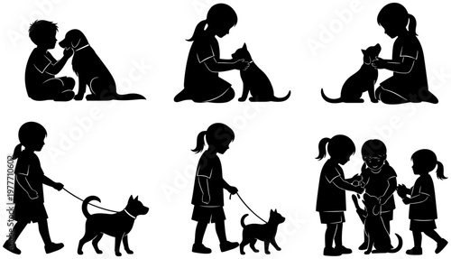 Set of black silhouettes showing children playing and interacting with their cute pet dogs and cats in white background