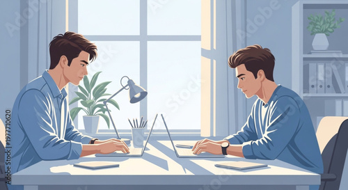 Cinematic vector illustration of a male couple working face-to-face in a modern office, laptops on the table.
