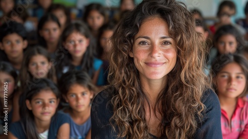 Smiling Woman with Curly Hair Surrounded by Children in Classroom