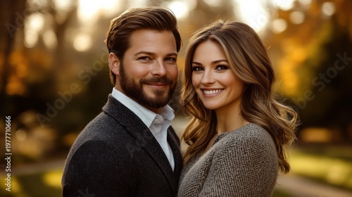 Happy Couple Smiling Together in Autumn Park Setting