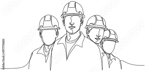 Continuous line drawing of a group of construction workers wearing hard hats standing together in a team portrait