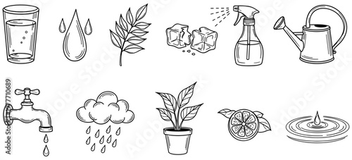 Set of hand drawn water and nature icons including plants, rain, faucet, ice cubes and garden tools for design
