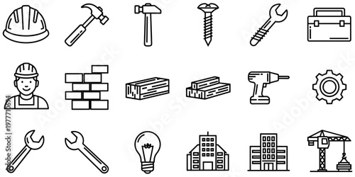 Professional construction and architecture icon set featuring tools, building materials, and workers for industry