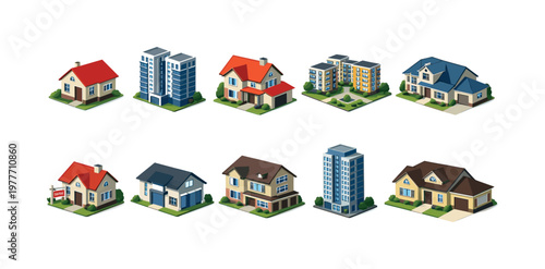 Collection of diverse residential and commercial buildings in isometric view