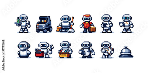 Collection of pixel art robots in various service professions and roles