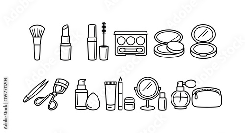 Collection of essential makeup and beauty tools illustrated in a clean, modern line art style