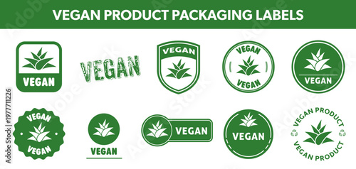 Vegan product packaging labels and stamps. Vector collection isolated on white.