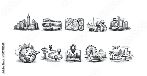 Collection of hand-drawn travel and city icons representing journeys and destinations