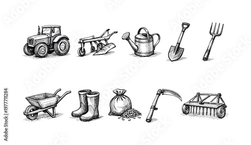 Collection of hand-drawn agricultural tools and equipment for farming and gardening