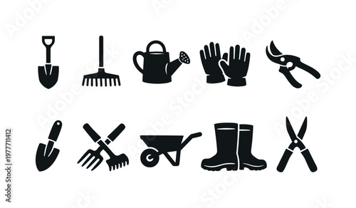 Collection of simple black icons representing various gardening tools and equipment