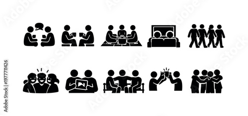 Collection of stick figure icons depicting various social interactions and group activities