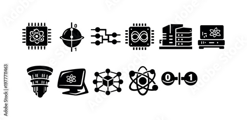 Collection of icons representing quantum computing, data, and technology concepts