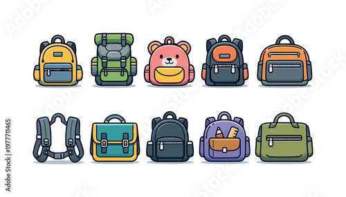 Collection of colorful cartoon backpacks and bags for school or travel