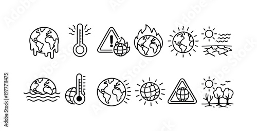 Collection of simple line icons representing climate change and global warming effects