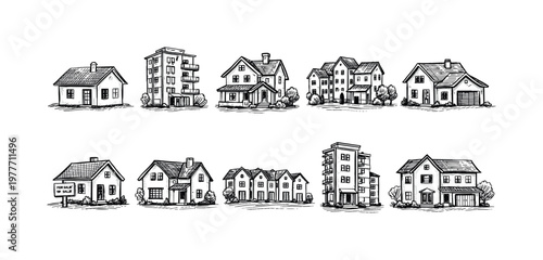 Collection of diverse hand-drawn houses and apartment buildings in sketch style