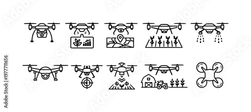 Set of drone icons illustrating agricultural technology and modern farming applications