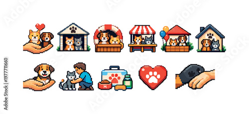 Pixel art collection of adorable pets and caring hands showing love and support