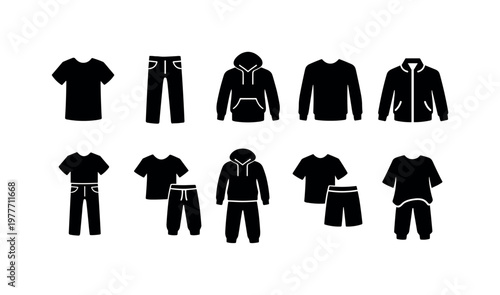 Collection of black clothing icons including t-shirts, pants, hoodies, and jackets