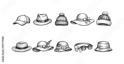 Collection of hand-drawn hats and headwear for different seasons and styles