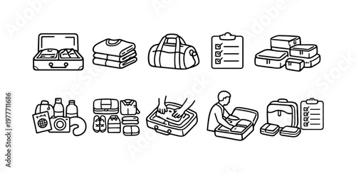 Collection of travel packing and organization icons for vacation planning