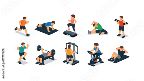 Diverse group of people performing various exercises and workouts in a gym setting