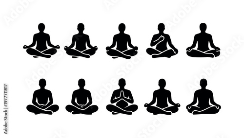 Collection of diverse yoga poses and meditation silhouettes in lotus position