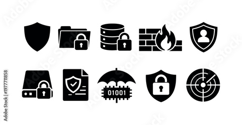Collection of cybersecurity and data protection icons on a white background