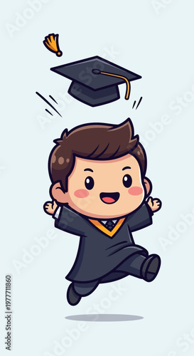 Boy in graduation gown jumping.