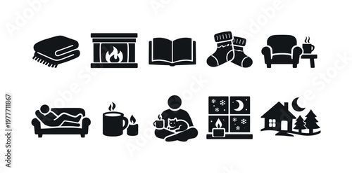 Cozy winter icons depicting relaxation and home comfort scenes