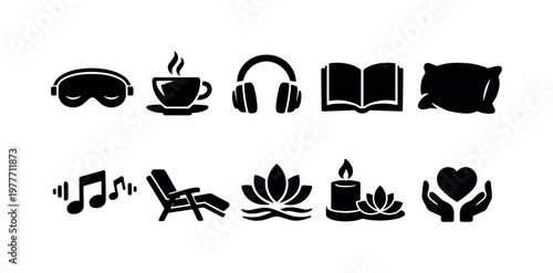Collection of icons representing relaxation, self-care, and peaceful activities