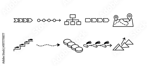 Visualizing business processes and progress with various icons and flowcharts