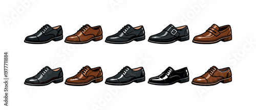 Collection of classic men's dress shoes in various styles and colors